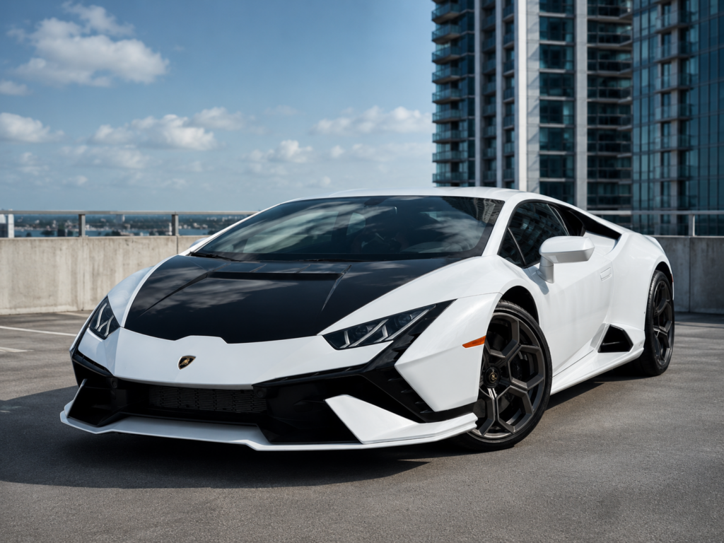 White Lamborghini Huracan supercar, exotic car rental in Miami & Fort Lauderdale