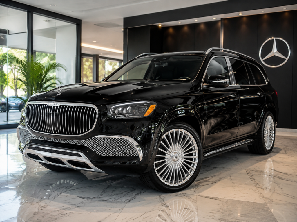 Black Mercedes-Maybach GLS luxury SUV in showroom, luxury SUV rental in Miami & Fort Lauderdale