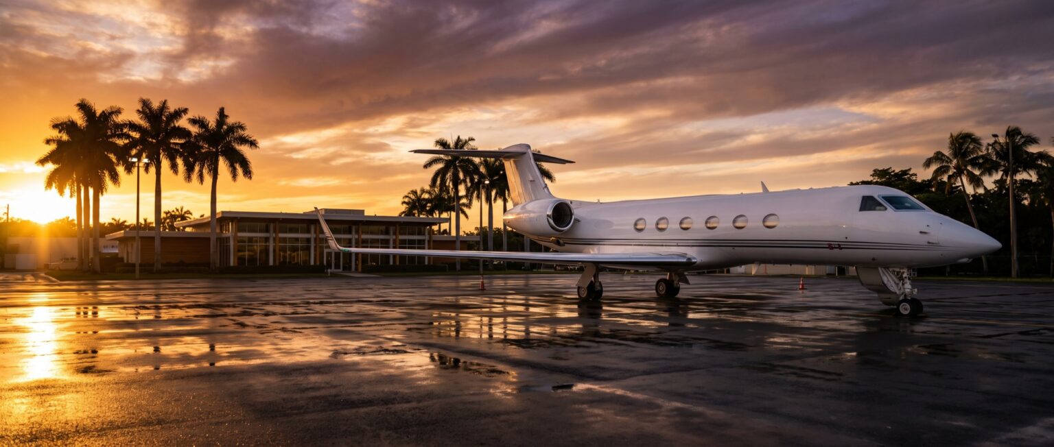 Private jet at a Miami FBO at sunset