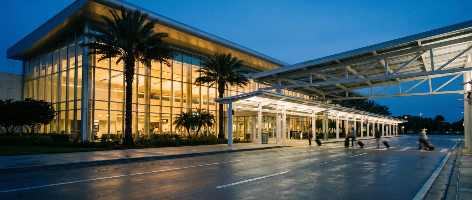 Airport arrivals curb at dusk for exotic car delivery