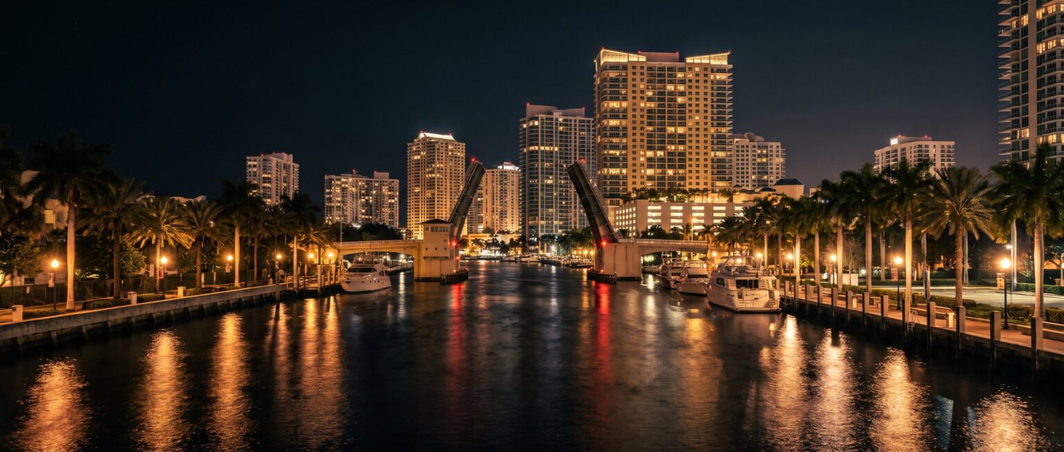 Downtown Fort Lauderdale and the New River at night