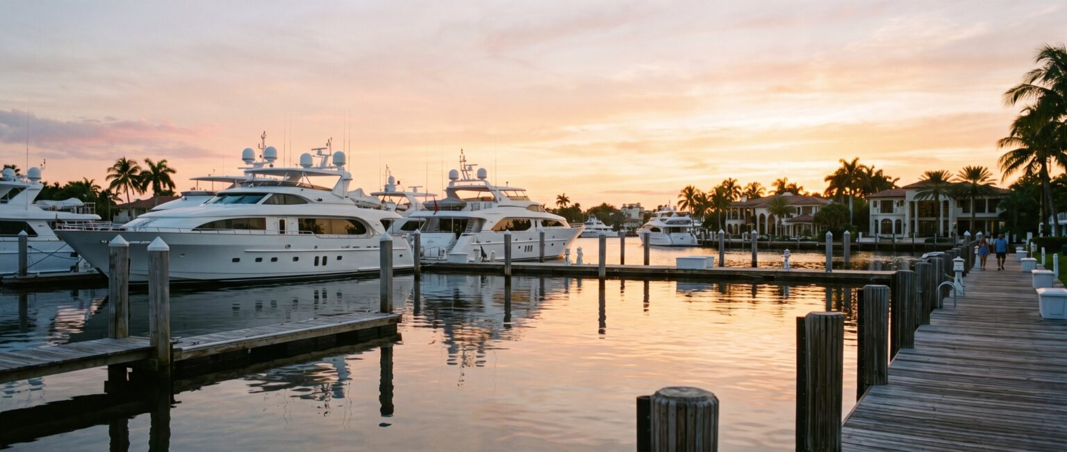 Luxury yachts on the Fort Lauderdale Intracoastal at sunset