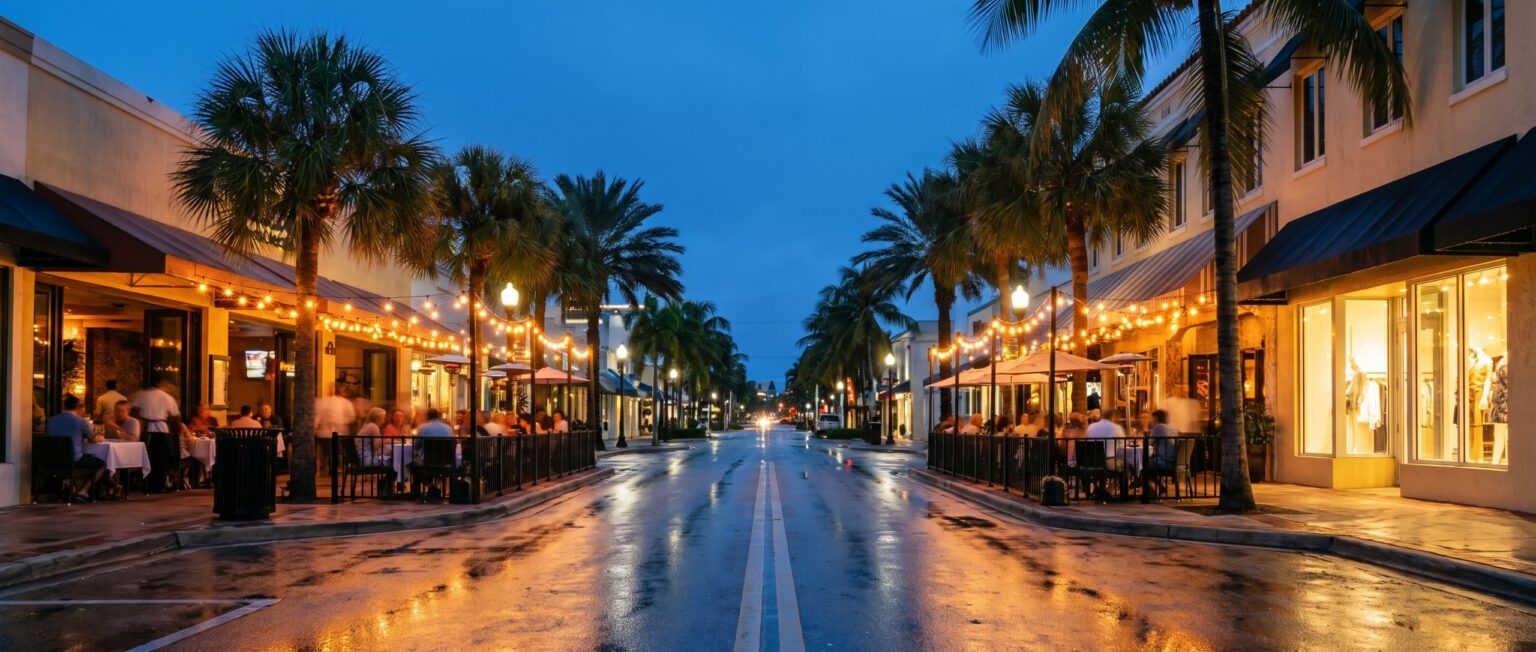 Las Olas Boulevard shops and restaurants in Fort Lauderdale at dusk