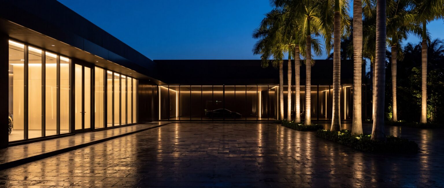 Private car club entrance at dusk in Miami