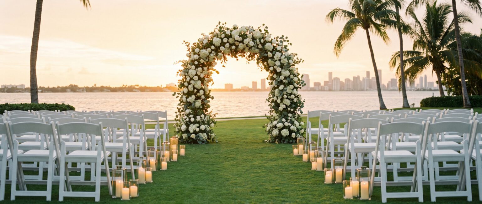 Waterfront wedding ceremony setup in Miami at sunset