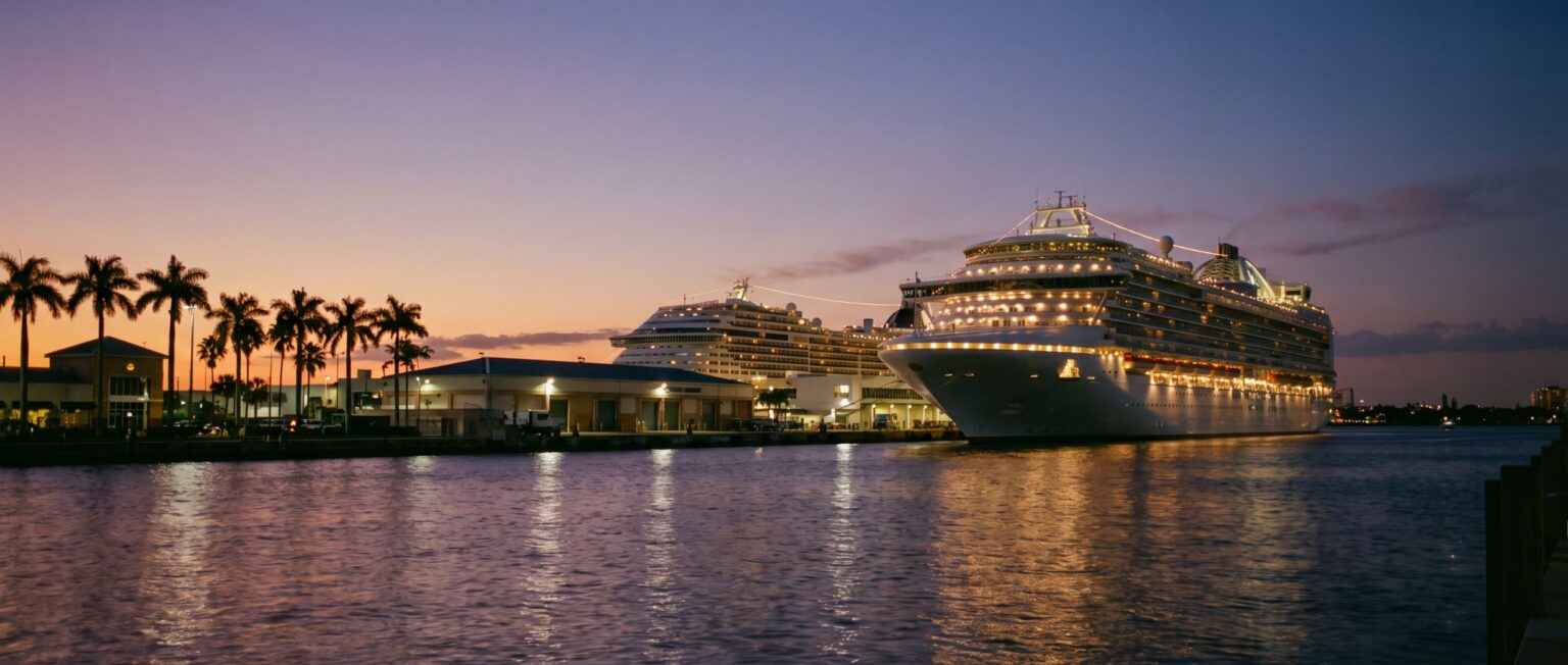 Cruise ship docked at Port Everglades at dusk