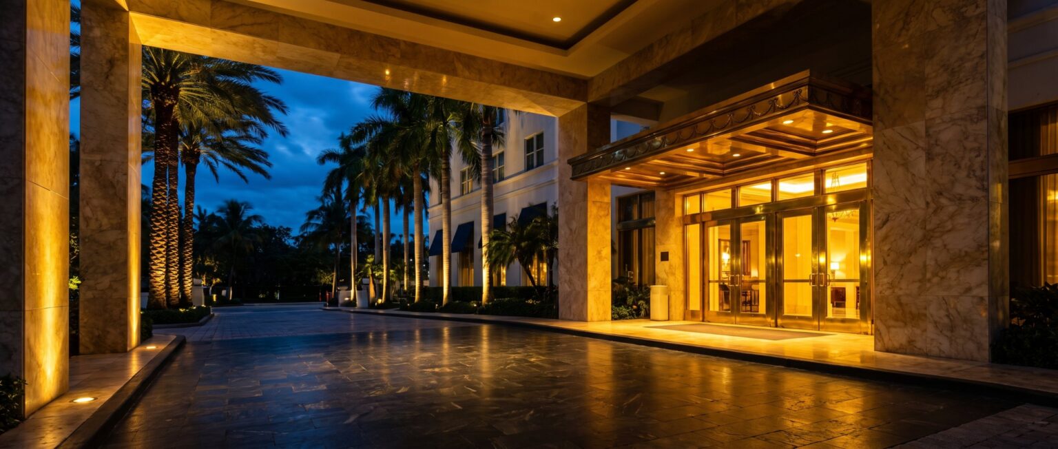 Luxury hotel entrance in Miami at night