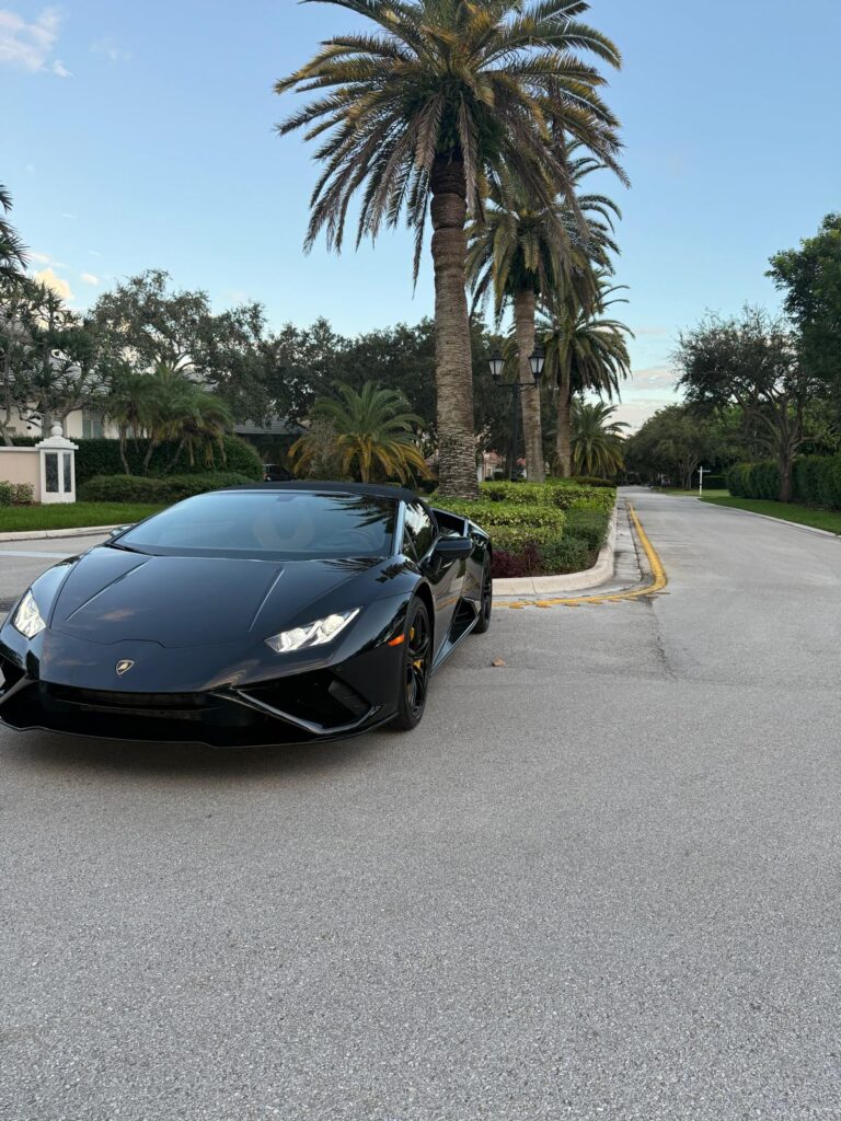 Black Lamborghini Huracán EVO Spyder front three quarter view with palm trees