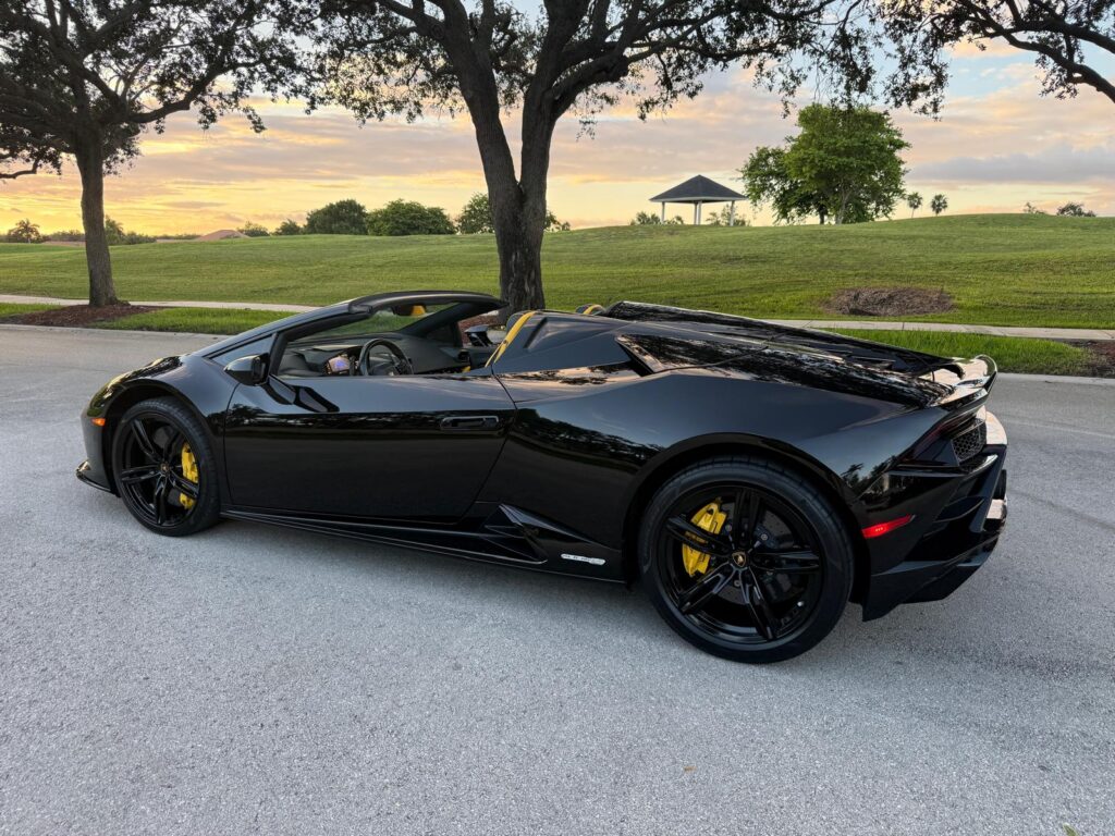 Lamborghini Huracán EVO Spyder side profile with the top down at sunset, Fort Lauderdale