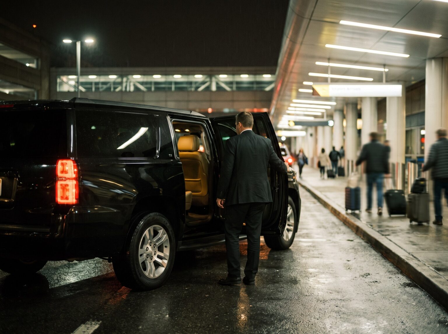 Black SUV waiting curbside for an airport pickup