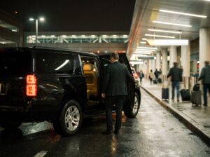 Black SUV waiting curbside for a 95 Auto Club airport pickup