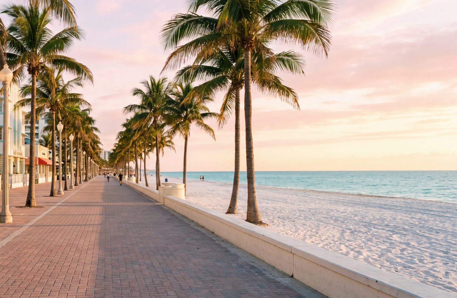 Palm lined Hollywood Beach Broadwalk at sunset