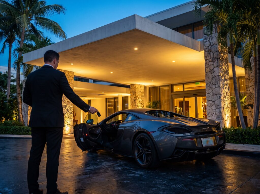 95 Auto Club concierge delivering an exotic car to a hotel entrance at dusk