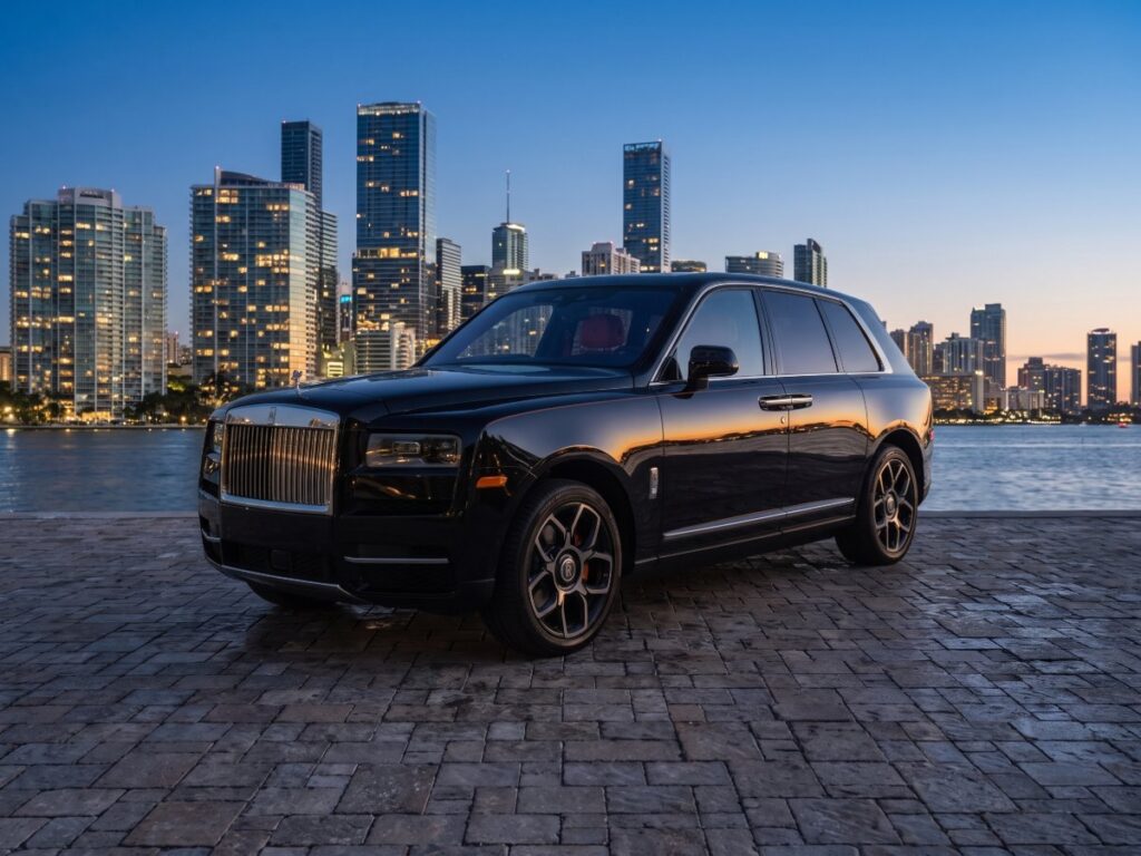 Black Rolls-Royce Cullinan in front of the Brickell skyline